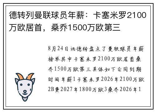 德转列曼联球员年薪：卡塞米罗2100万欧居首，桑乔1500万欧第三