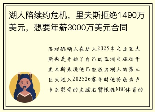 湖人陷续约危机，里夫斯拒绝1490万美元，想要年薪3000万美元合同
